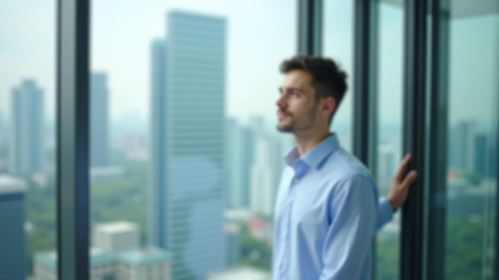 Person in business attire looking out office window during focus break